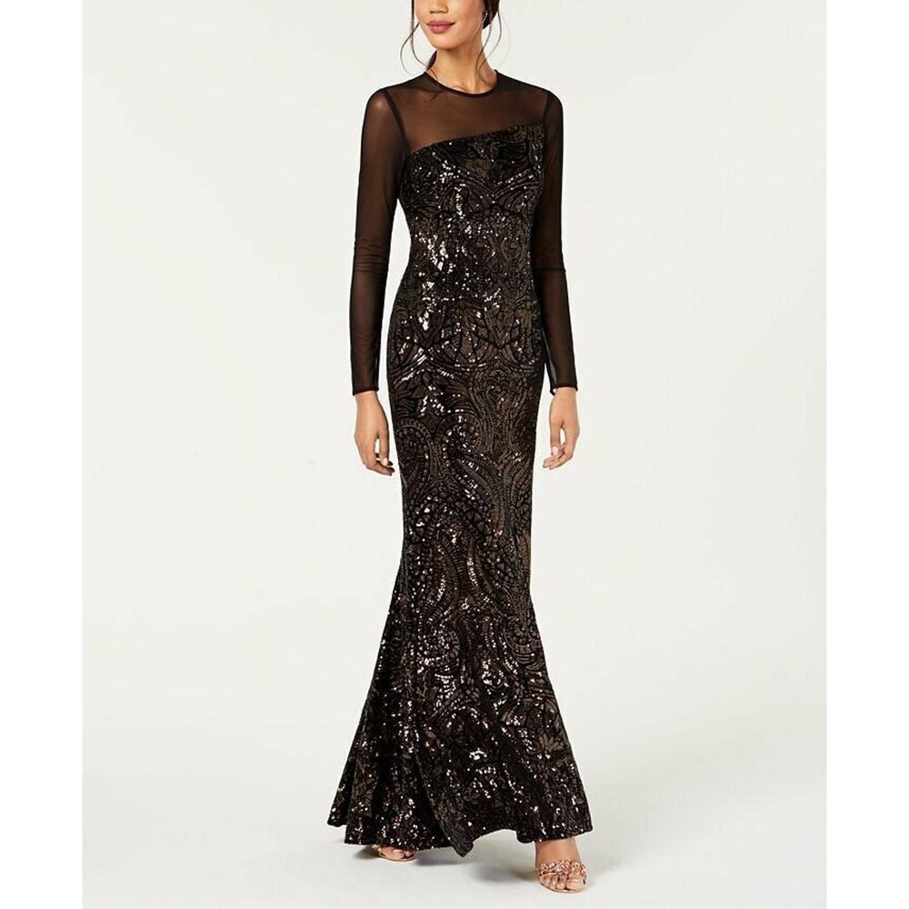 Betsy & Adam Black Velvet Bronze Sequin Long Sleeve Fitted Gown 4 NEW - Picture 2 of 12